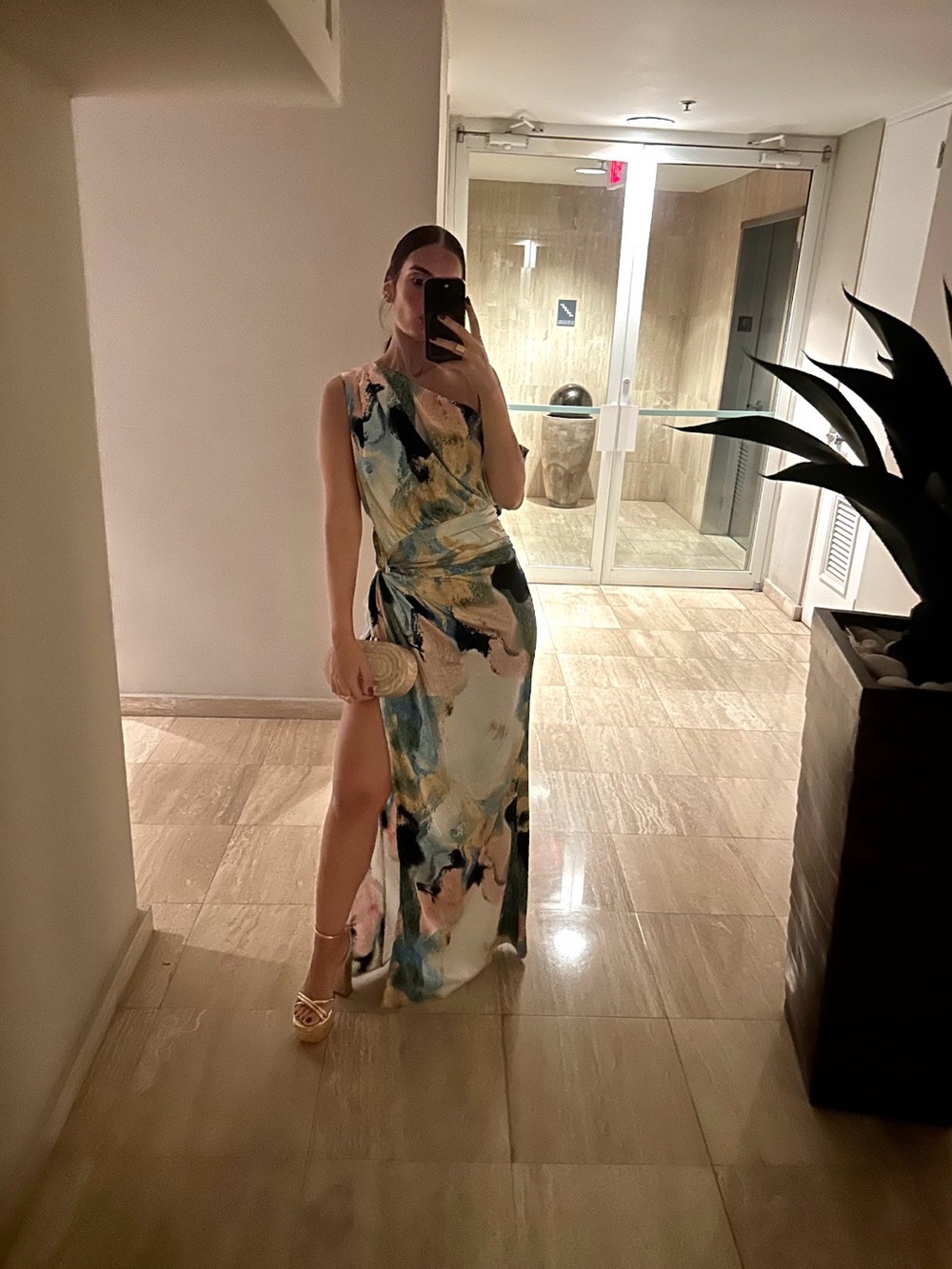 Luxxel One-Shoulder Multicolor Abstract Maxi Dress in Blue, Pink & Yellow - Picture 2 of 3